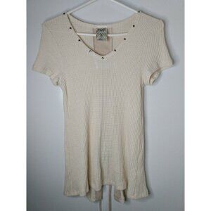 VOCAL Apparel Women Sz S Cream Lace Up Back Waffle Knit V Neck Short Sleeve Top